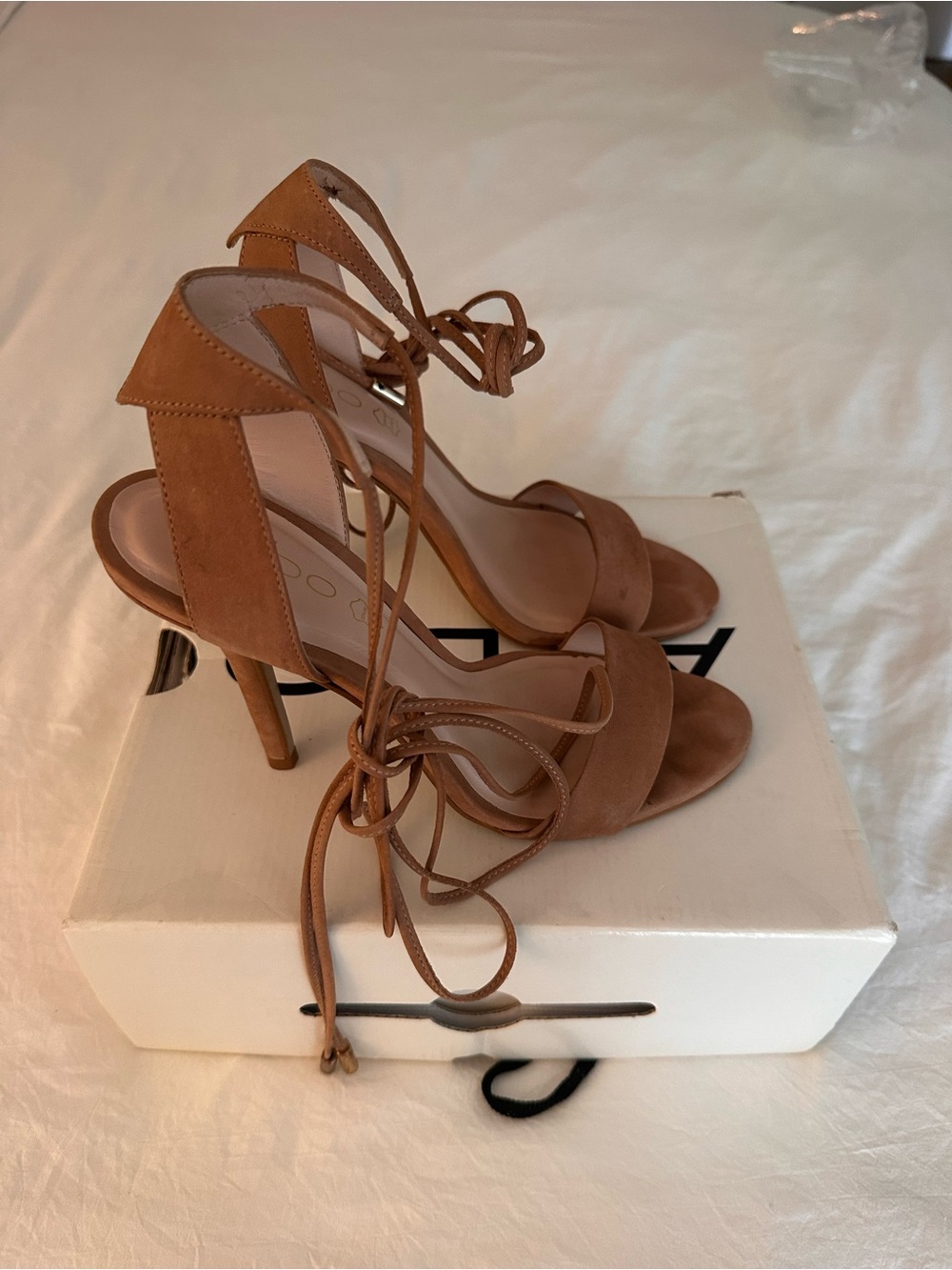 Aldo Suede Lace-Up Heeled Sandals in Tan